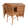 Ensemble vintage bureau et chaise assortis en cannage rotin, bambou et bois