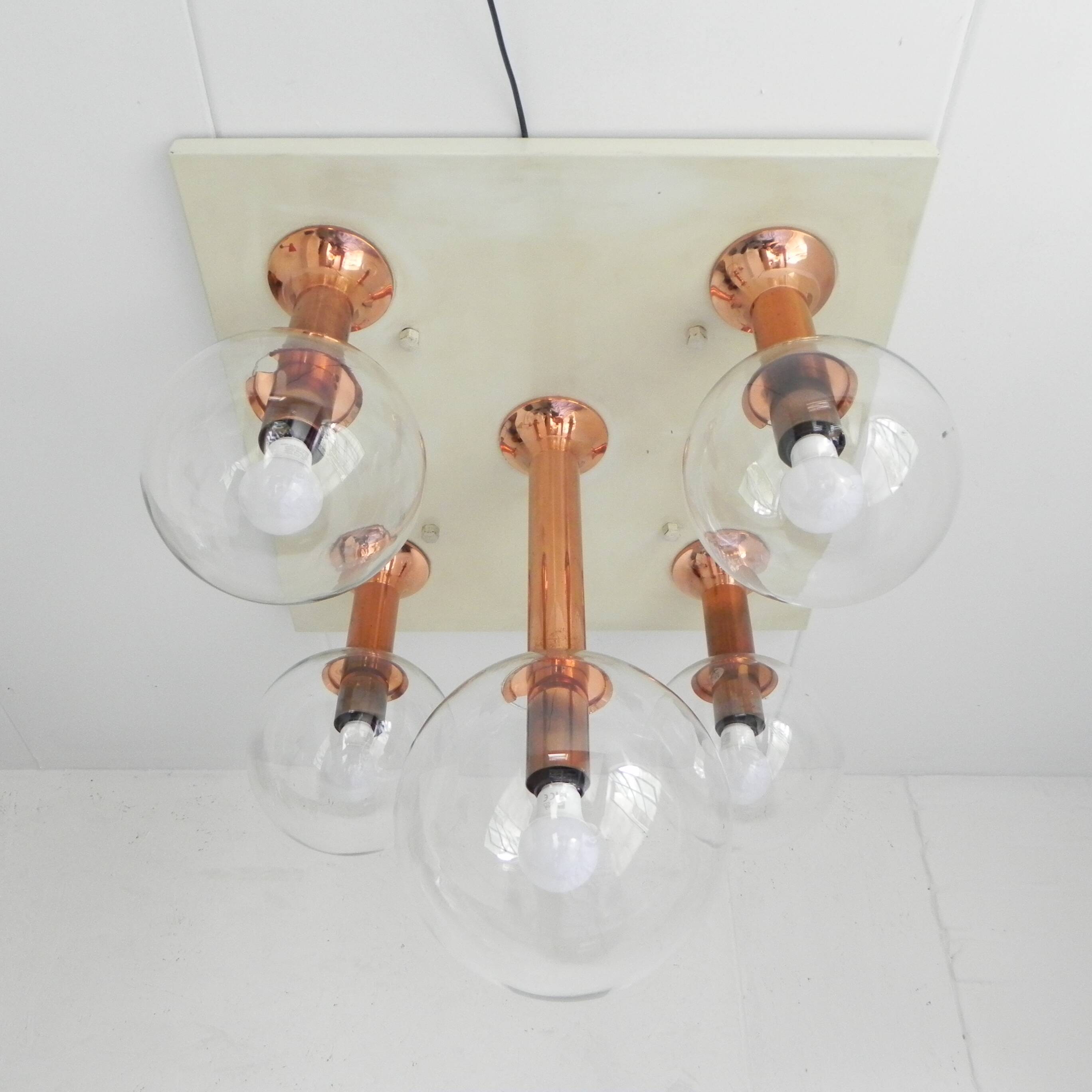Rare ceiling lamp with 5 glass balls, Ott international, 1970s