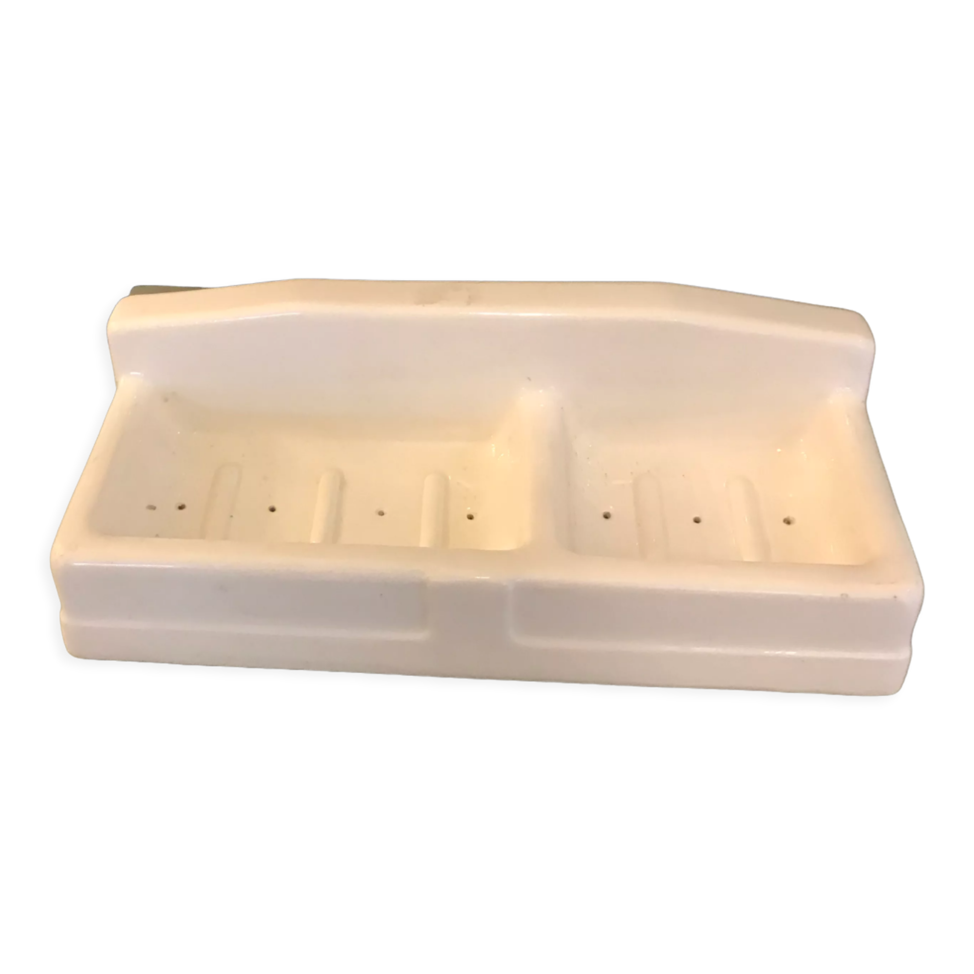Porte savon ancien debut XXeme en faience blanche double compartiments