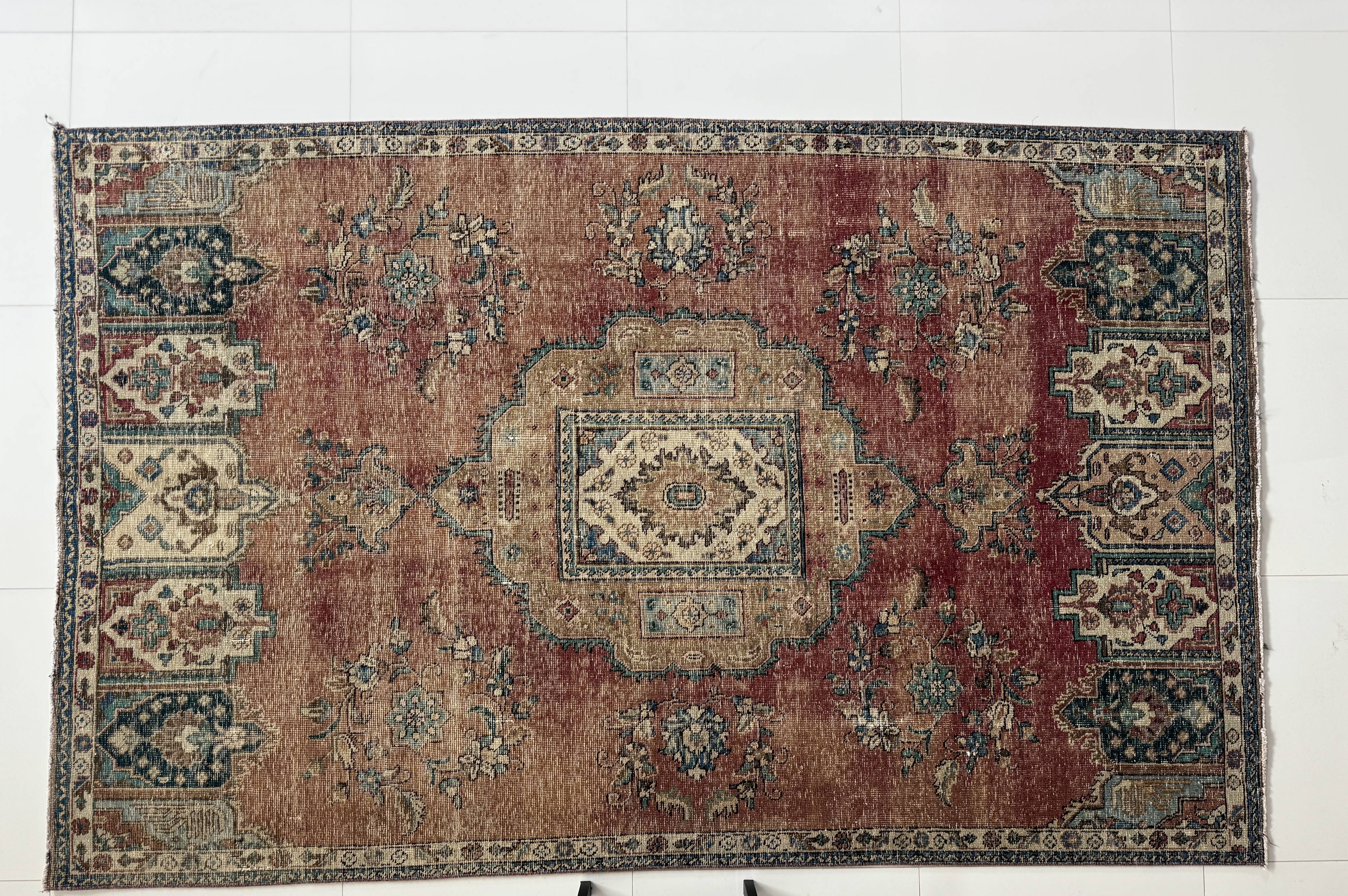 Tapis Oriental en laine nouée à la main, tons rouges et bleus, motif médaillon Vintage, à poils bas, 160x254 Cm