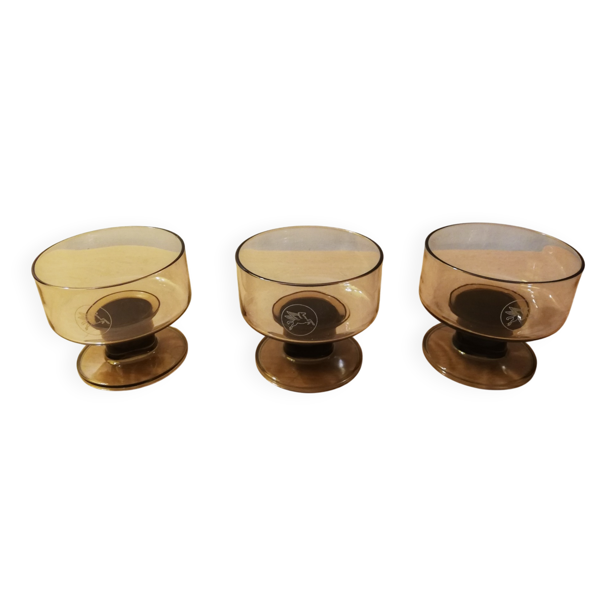 Set of 3 vintage 1970s brown smoked glass cups Pegasus Mobil.