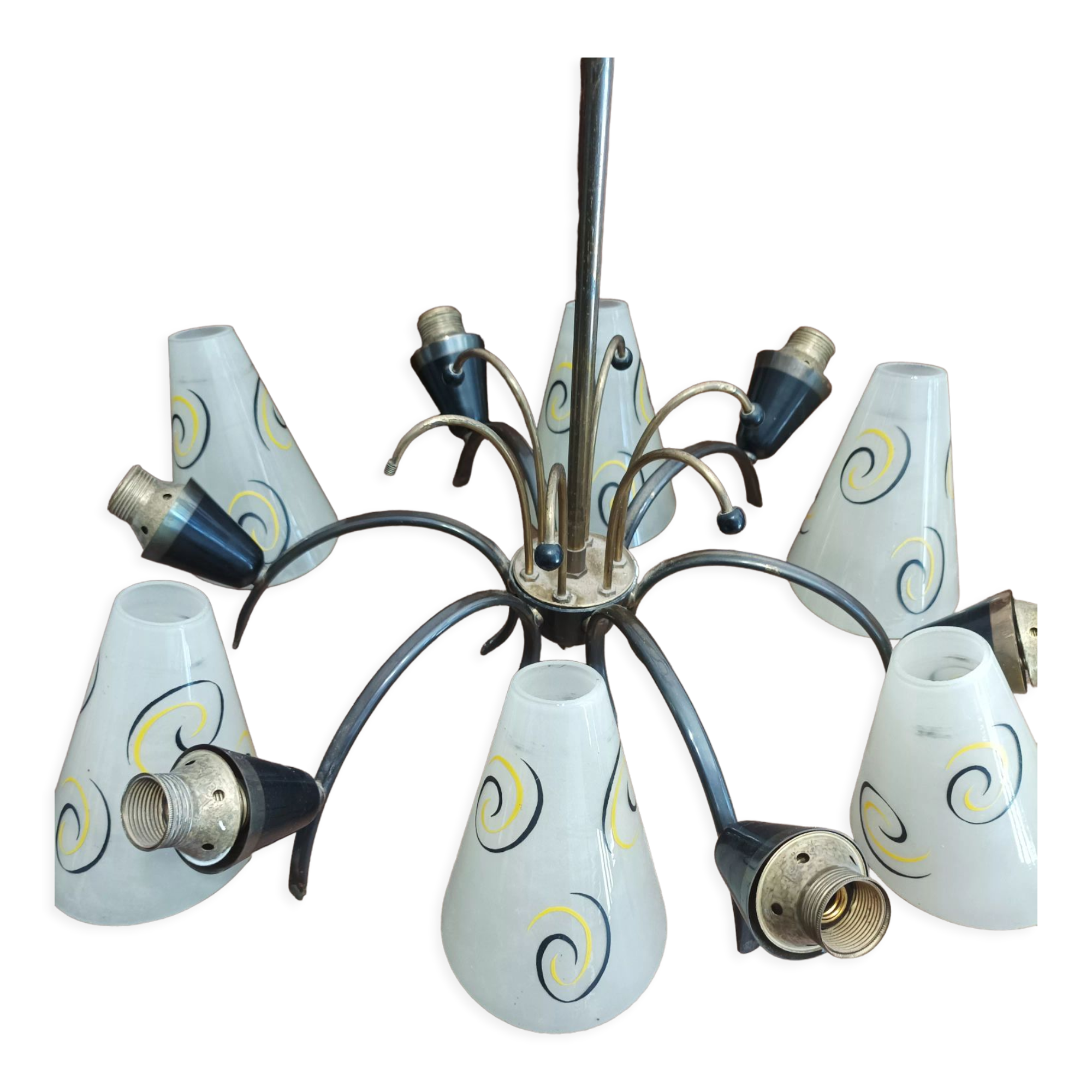 Hanging lamp 6 branches tulips vintage glass 50/60