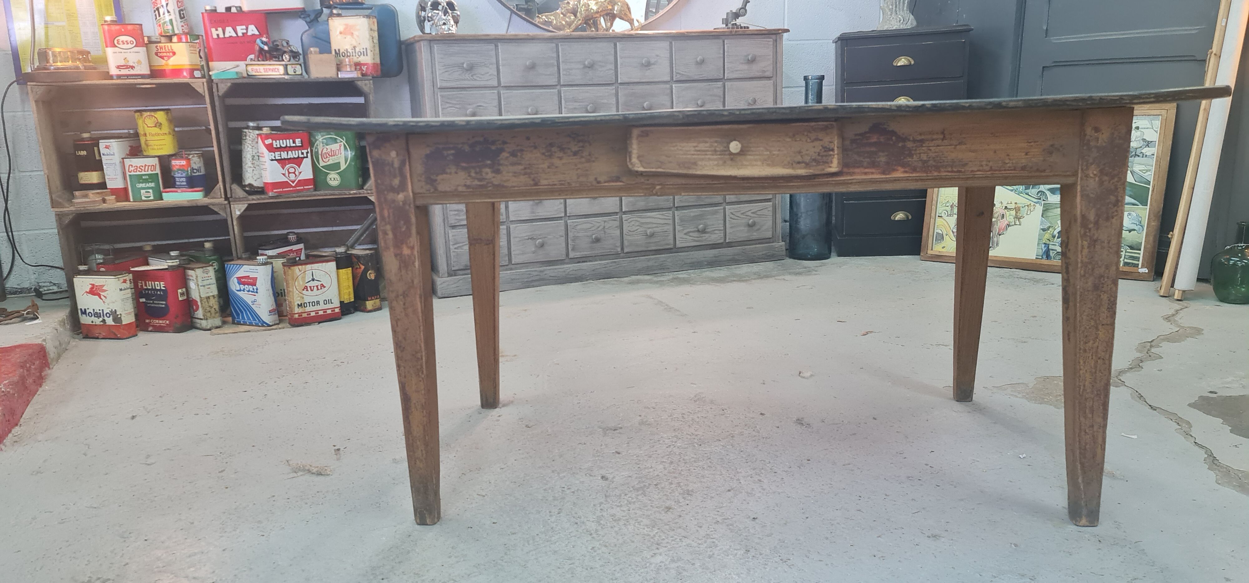 Old wooden table a drawer tray patina black waxed