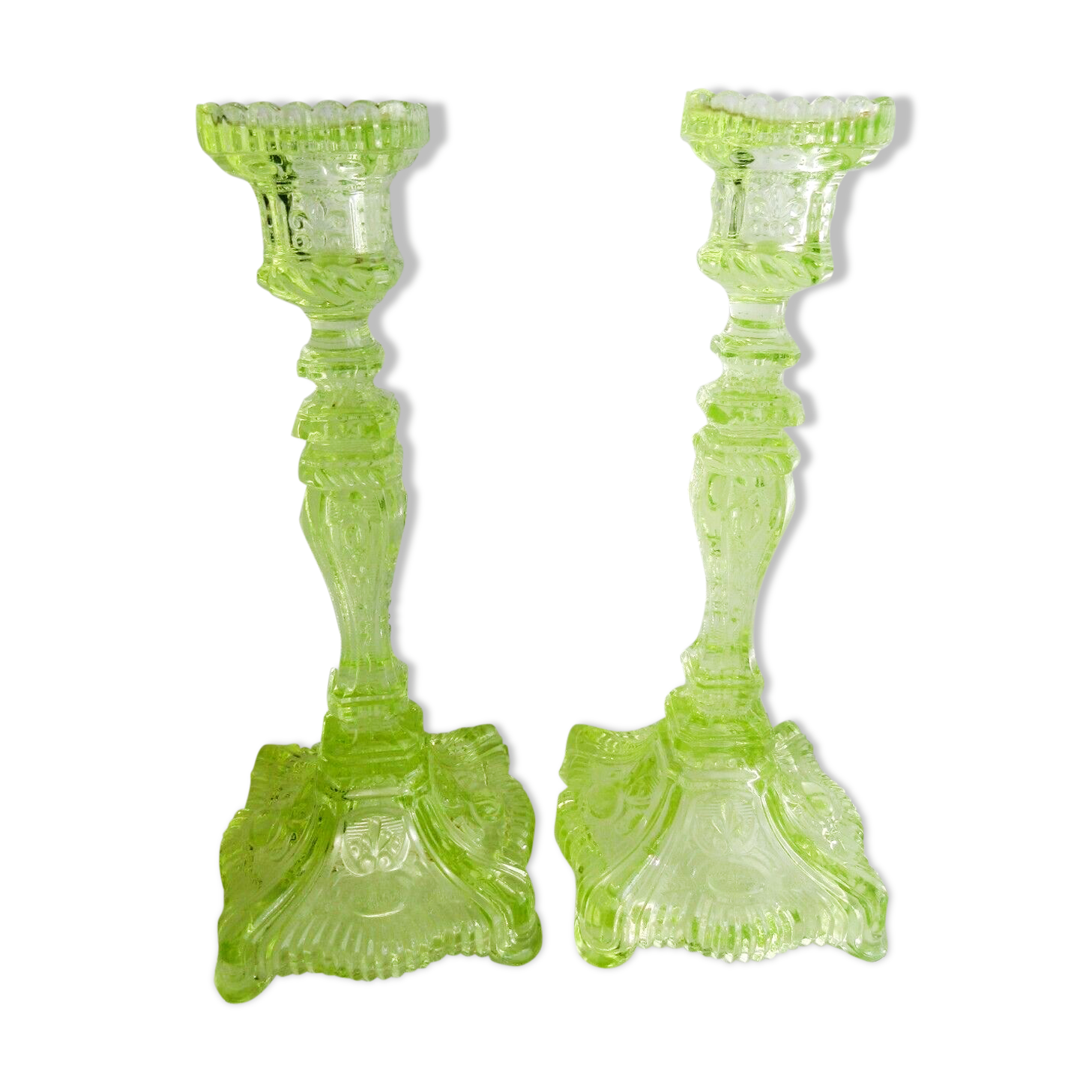 2 old yellow uraline glass candle holders signed portieux