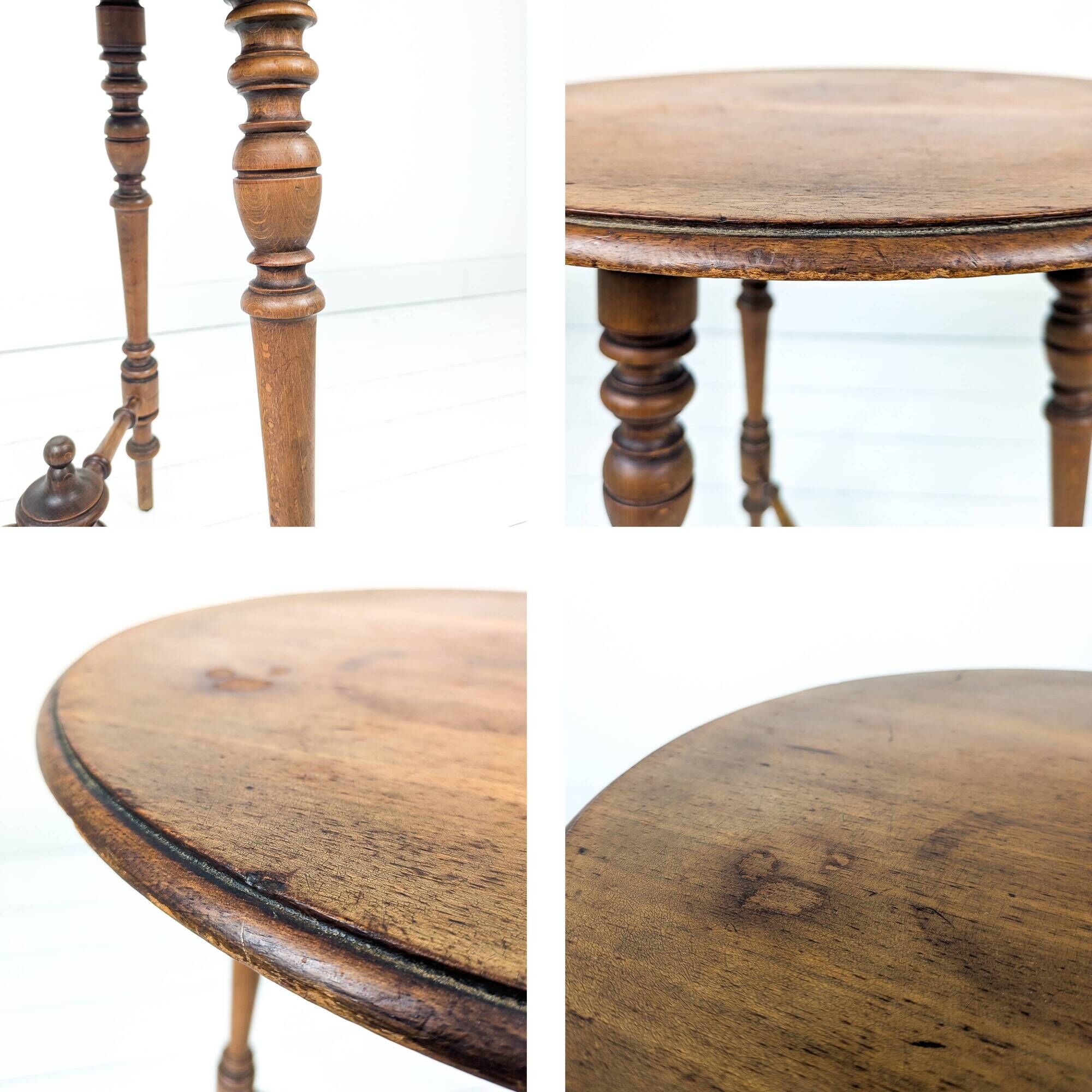 Table d’appoint vintage ronde à trois pieds en bois tourné massif style ant