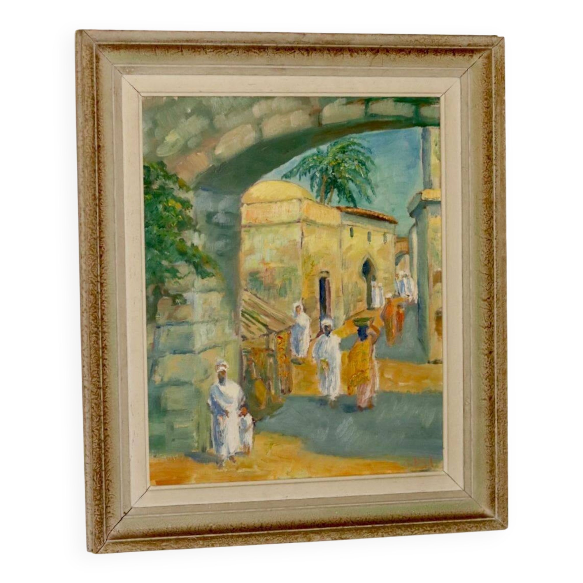 Original Swedish mid-century oil painting on panel "City" – Vintage and frame