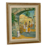 Original Swedish mid-century oil painting on panel "City" – Vintage and frame