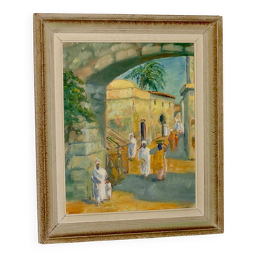 Peinture à l'huile sur panneau originale suédoise du milieu du siècle « Ville » – Vintage et cadre