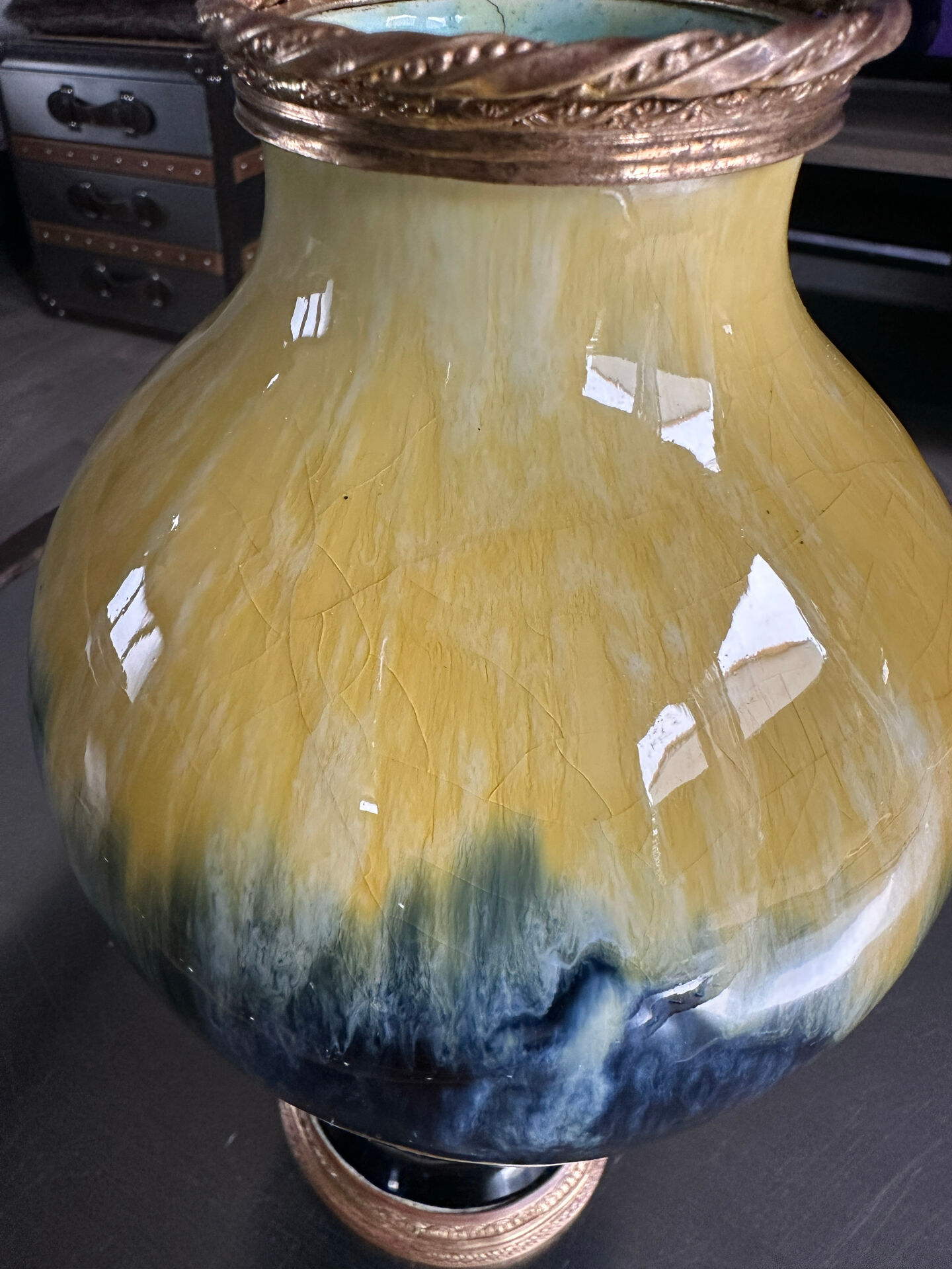 Art Deco vase in yellow and blue flamed earthenware - Shape 485, circa 1930