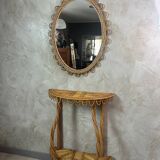 Ensemble miroir et console en bambou et rotin