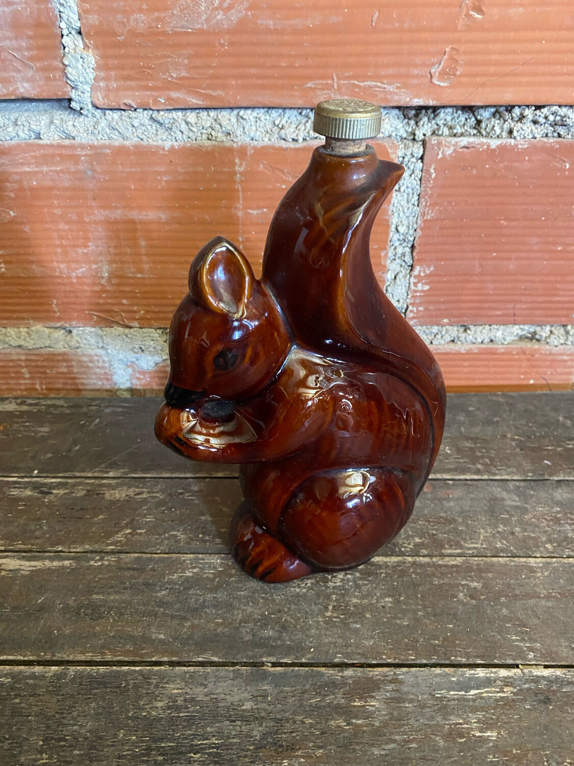 Vintage Brown Glazed Stoneware Squirrel-Shaped Bottle + Cork