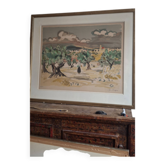 Large lithograph signed by Yves Brayer. Provençal landscape.