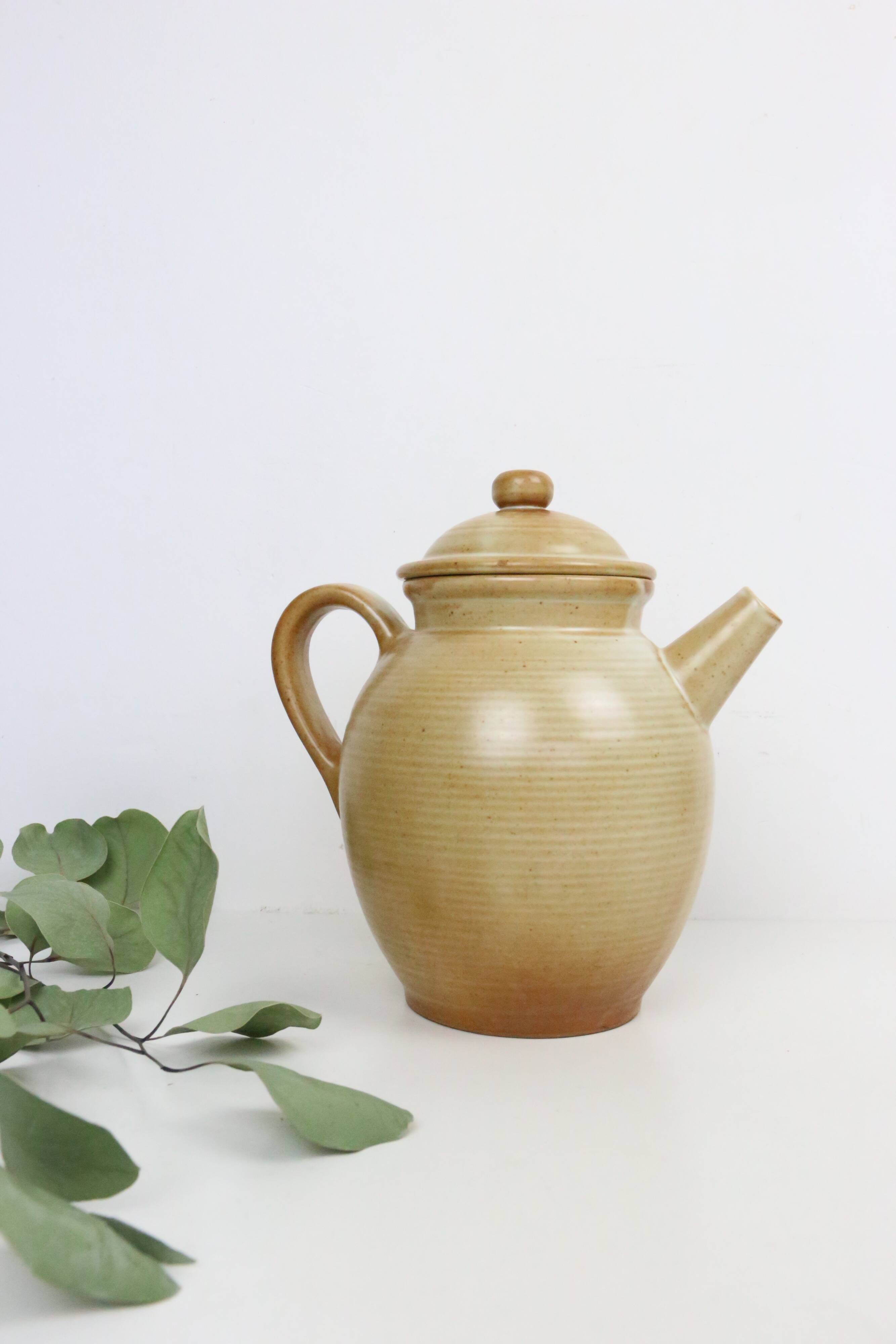 Vintage beige stoneware teapot, signed Grès Village