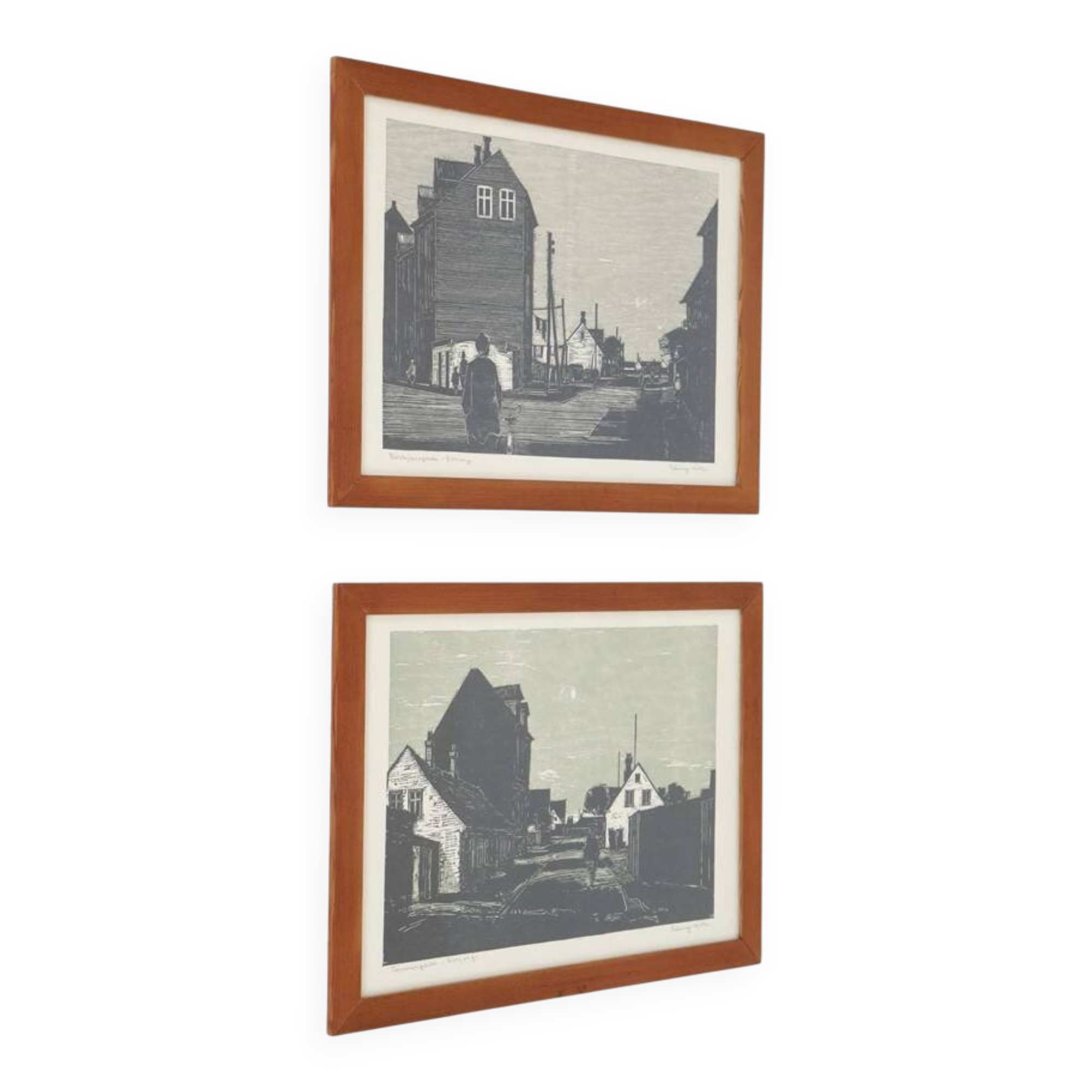 Set of 2 mid-century Erling Juhl wood prints in original larch wood frames / 1960s