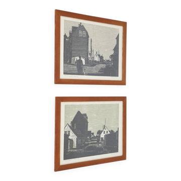 Set of 2 mid-century Erling Juhl wood prints in original larch wood frames / 1960s