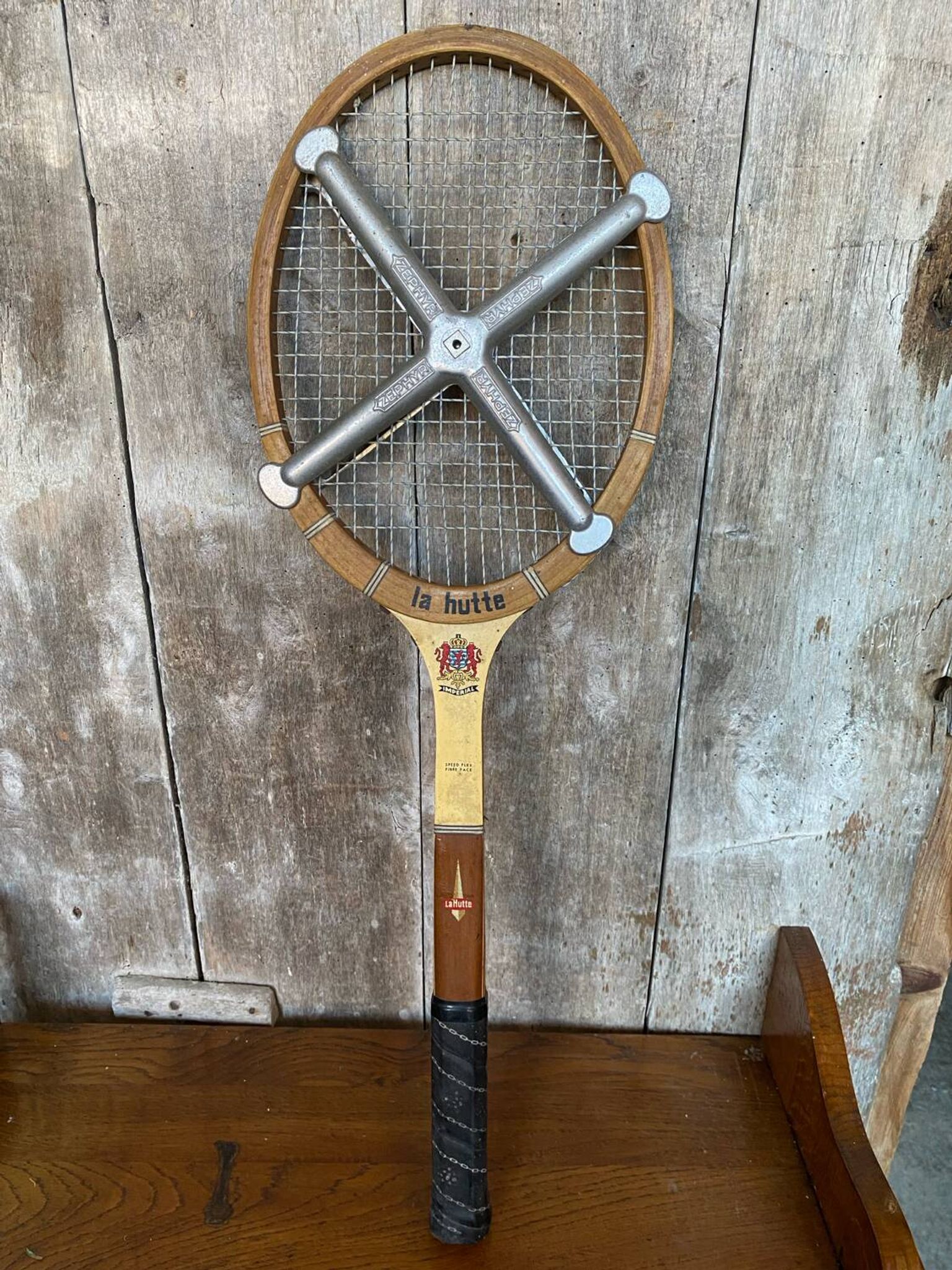 Old Tennis Racket LA HUTTE Imperial Wood + Zephyr Metal Protection #B766