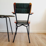 Pair of armchairs and vintage coffee table straw, wood and metal