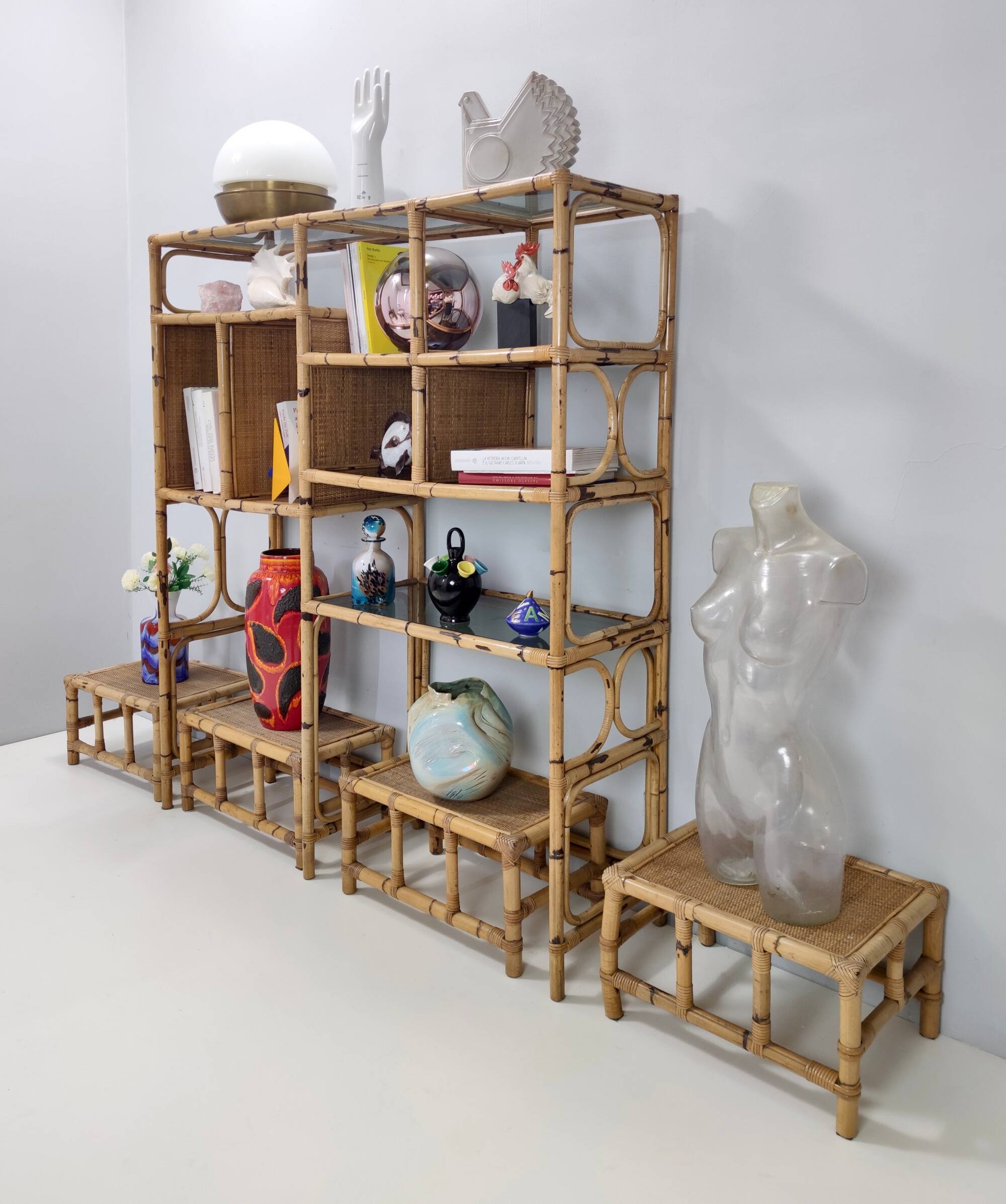 Bamboo Bookcase with Smoked Glass Shelves by Vivai del Sud, Italy