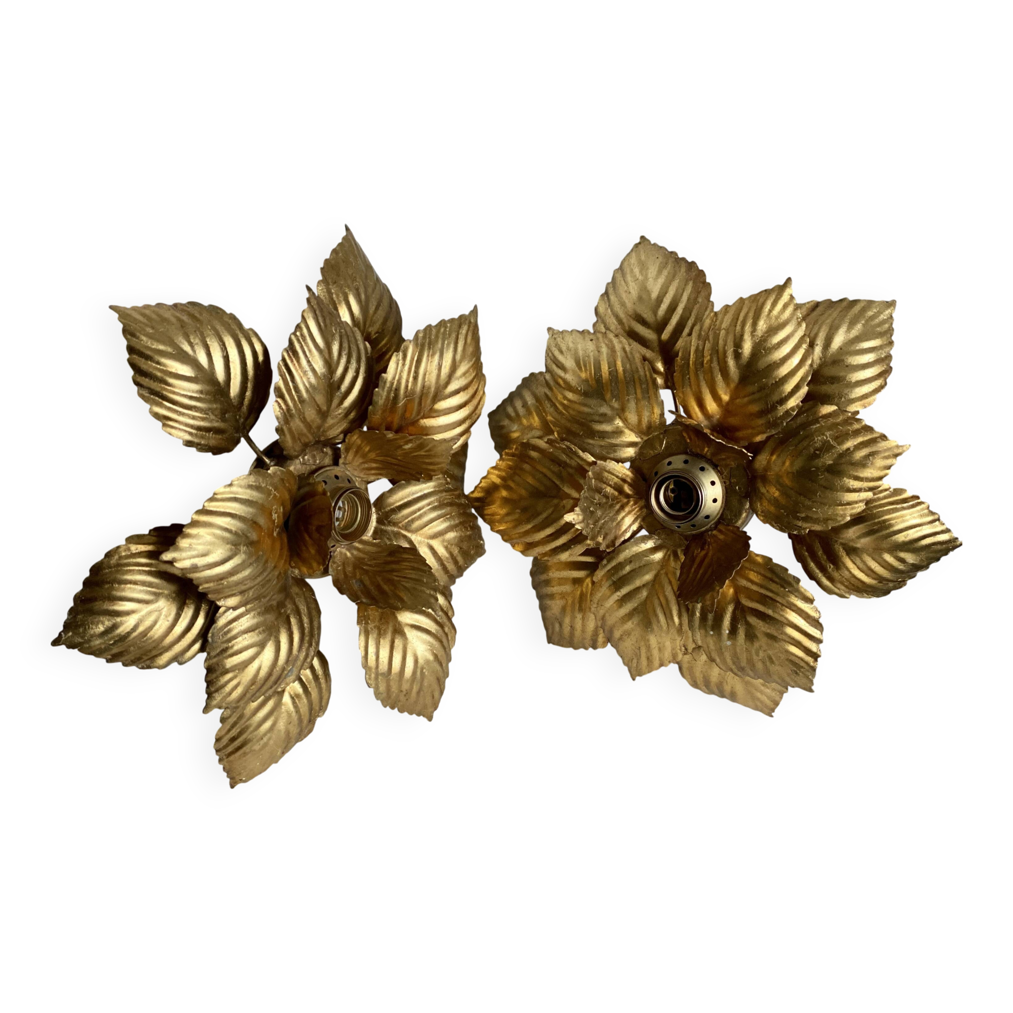Pair of vintage Masca wall lights with golden flowers, 1970s
