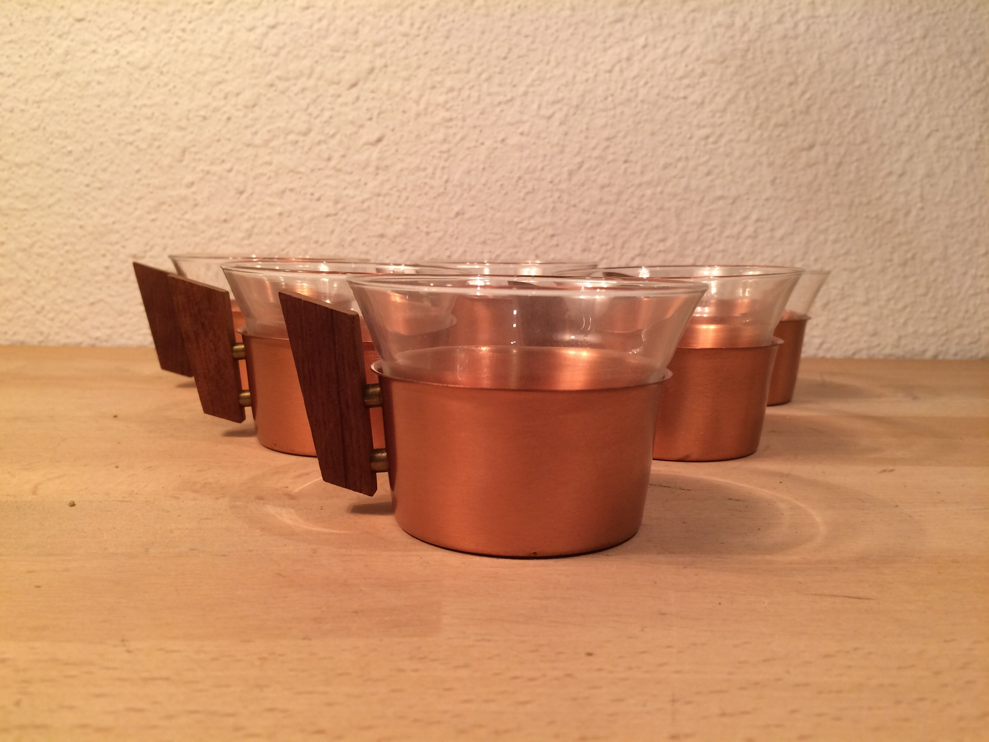 6 Scandinavian cups copper and teak Schott & Gen glass 70's