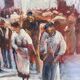Huile « procession sicilienne « 1960, cadre bois et vitre