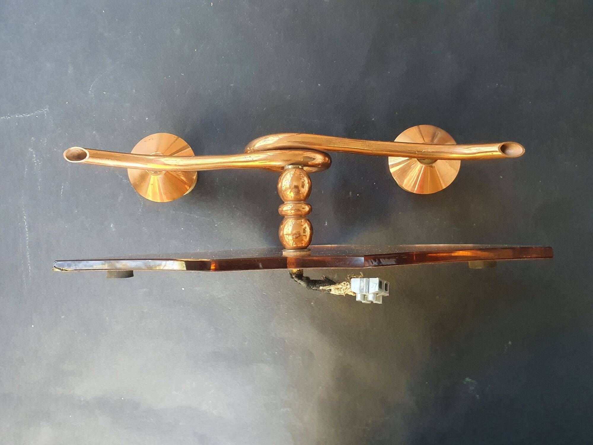 Copper wall lamp with 1940s Art Deco shades.