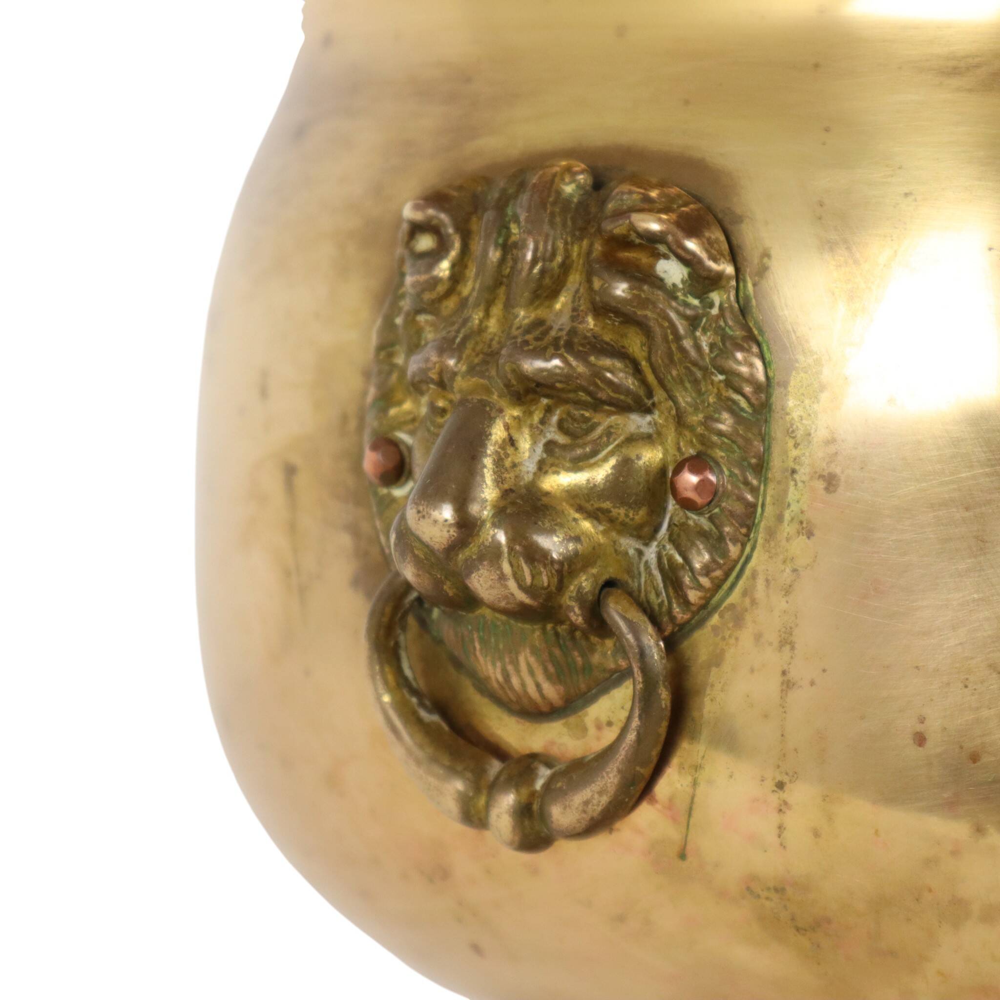 Antique Brass Jardinière Plant Pot with Lion Heads, Early 20th Century