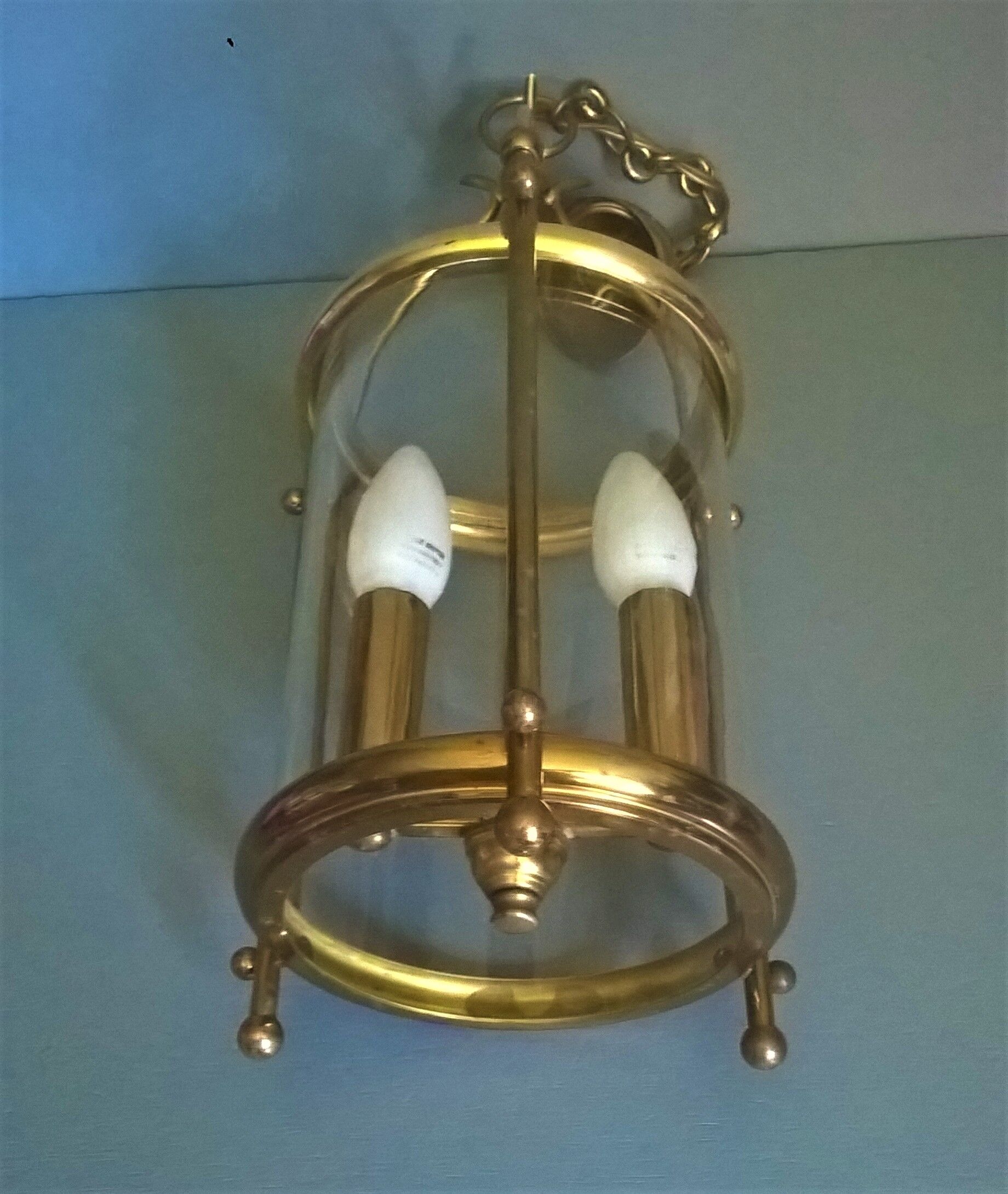 Chandelier lantern cage cylindrical two fires ~ glass and golden brass ~ 1950s/1960s