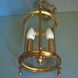 Chandelier lantern cage cylindrical two fires ~ glass and golden brass ~ 1950s/1960s