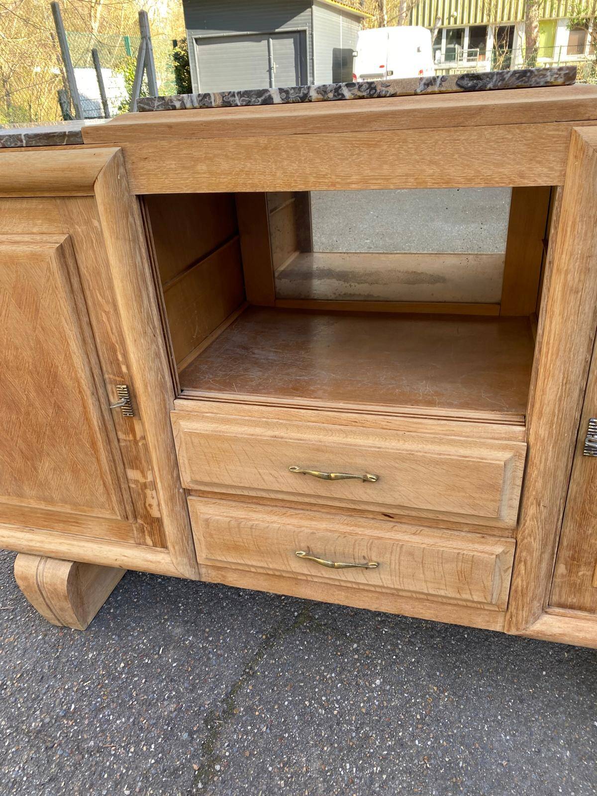 Renovated art deco sideboard in raw solid oak and gray marble 200cm