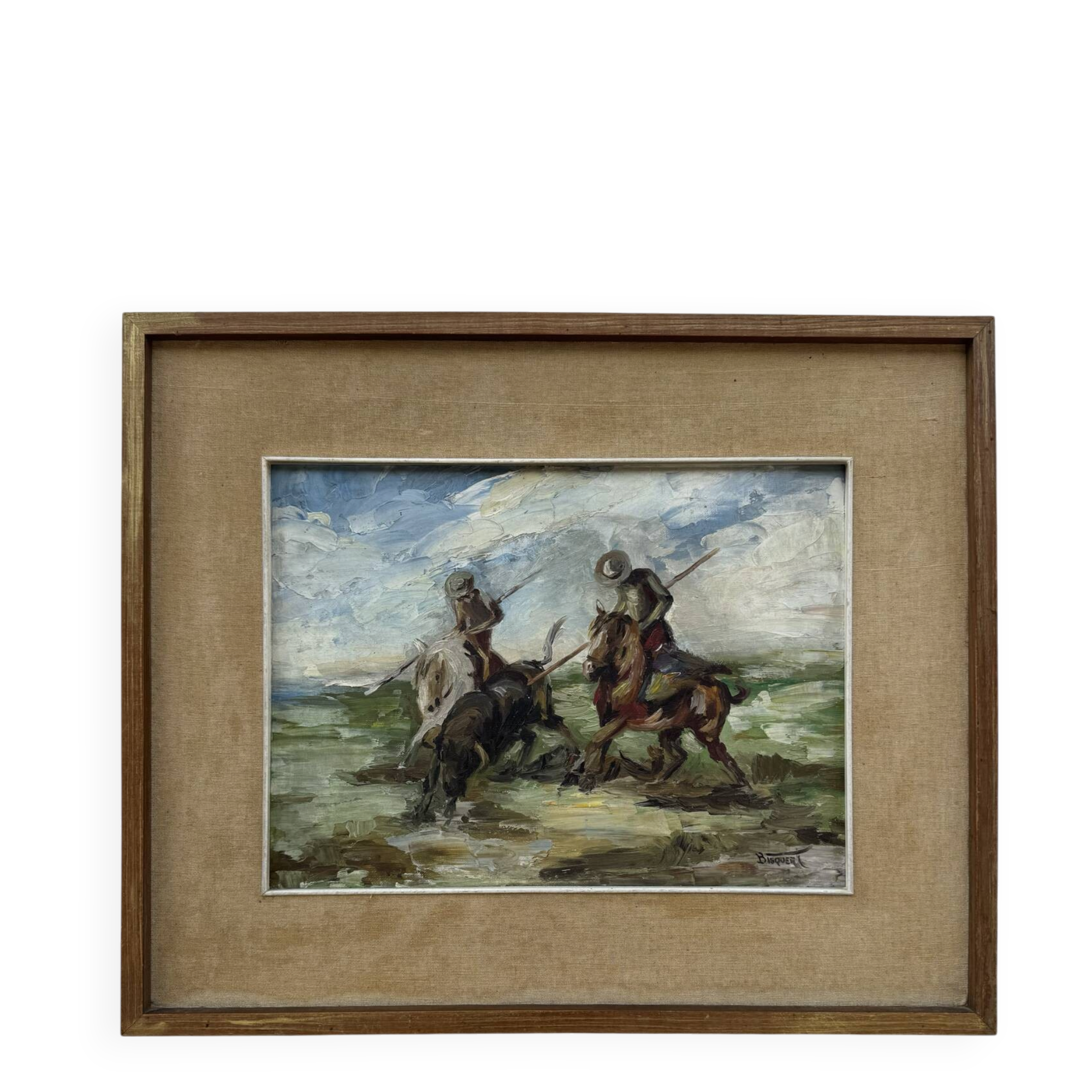 Tableau huile scène camarguaise 20ème