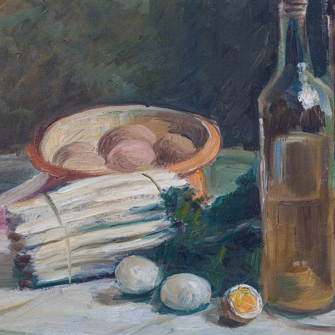 Set of oil paintings "Asparagus & eggs" and "Melon" by Alexandre Denonne