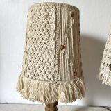 Pair of carved wood and macramé bedside lamps
