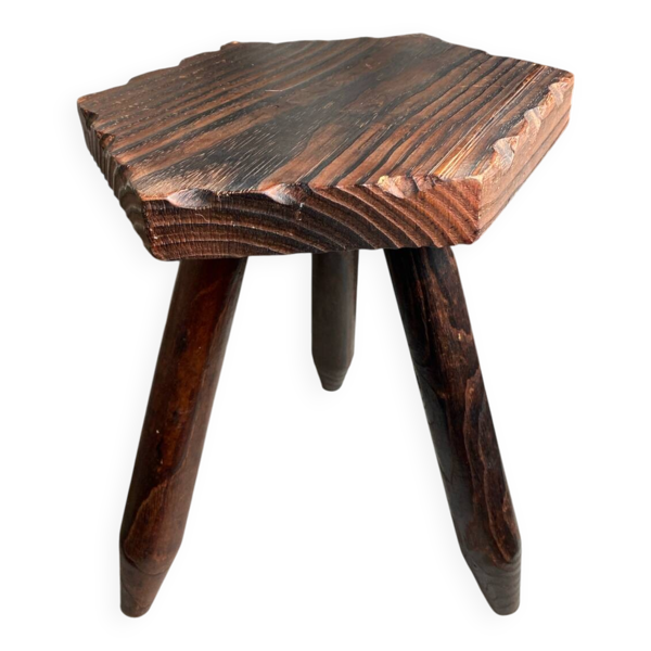 Tabouret de ferme français tripode en bois années 60
