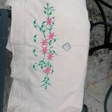 Hand embroidered sheet pink flowers green foliage