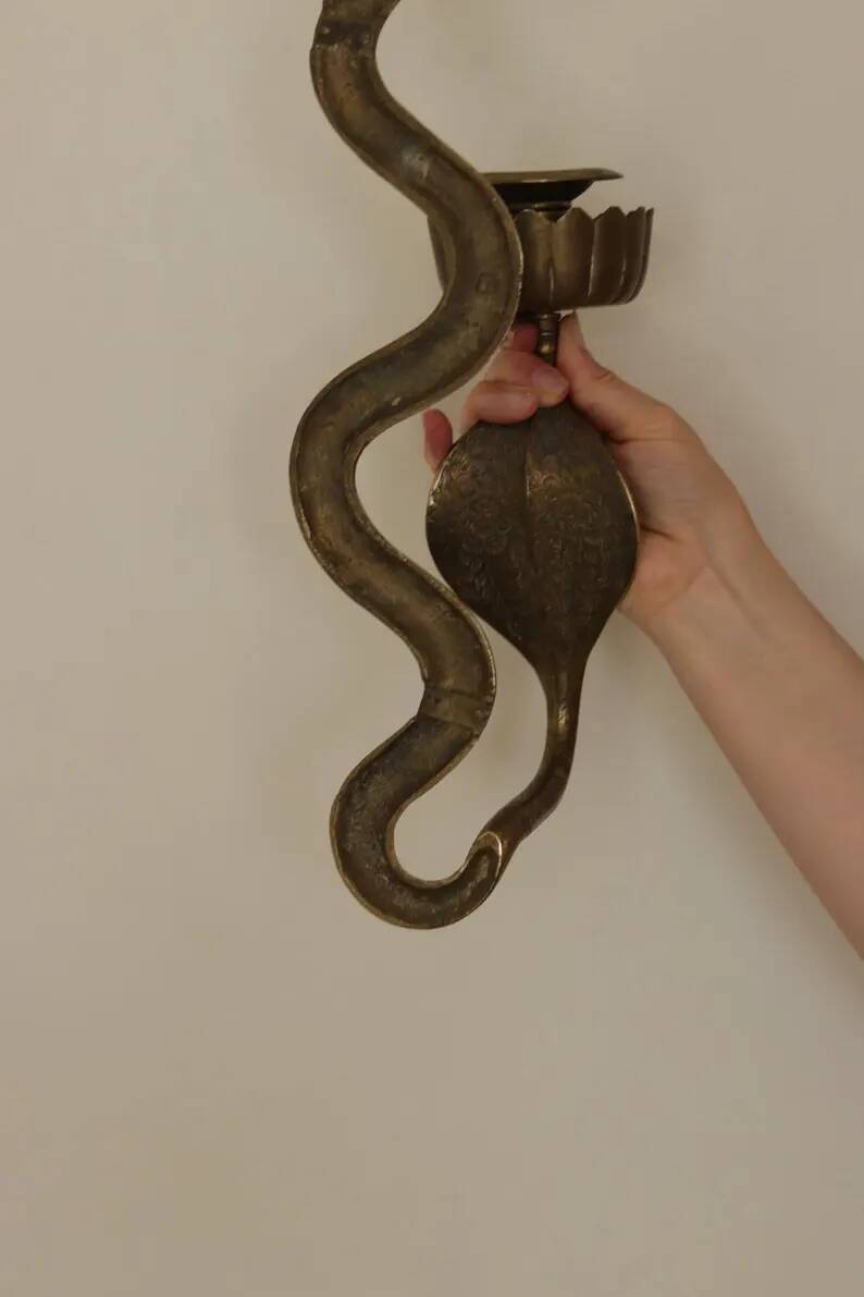 Pair of Egyptian Revival Style Engraved Brass Cobra Sconces