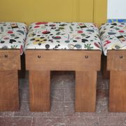 Set of 3 beech wood stools with fabric upholstery in the style of Miro.
