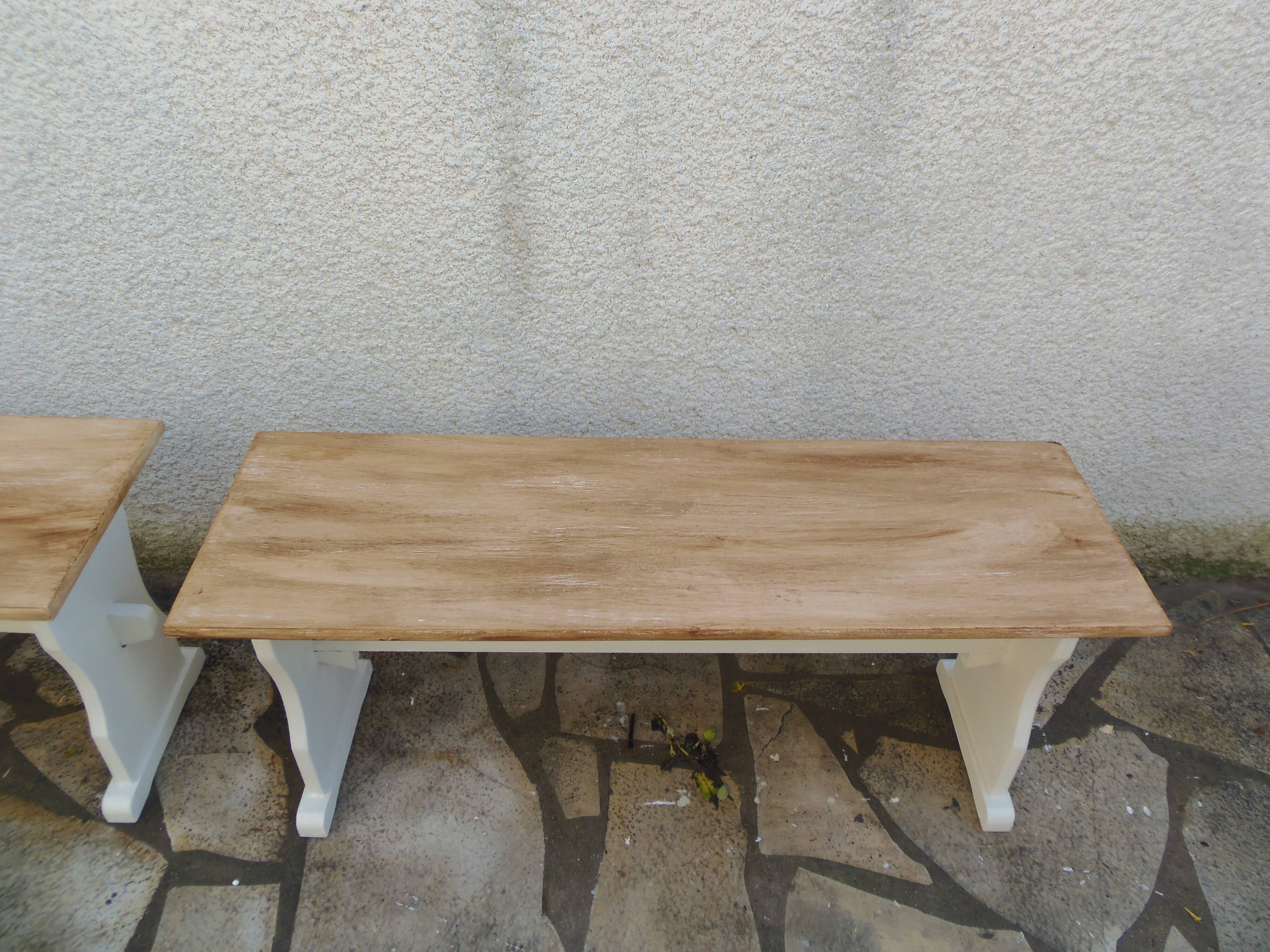 2 re-enchanted benches in beige with a waxed finish, medium oak waxed seat.