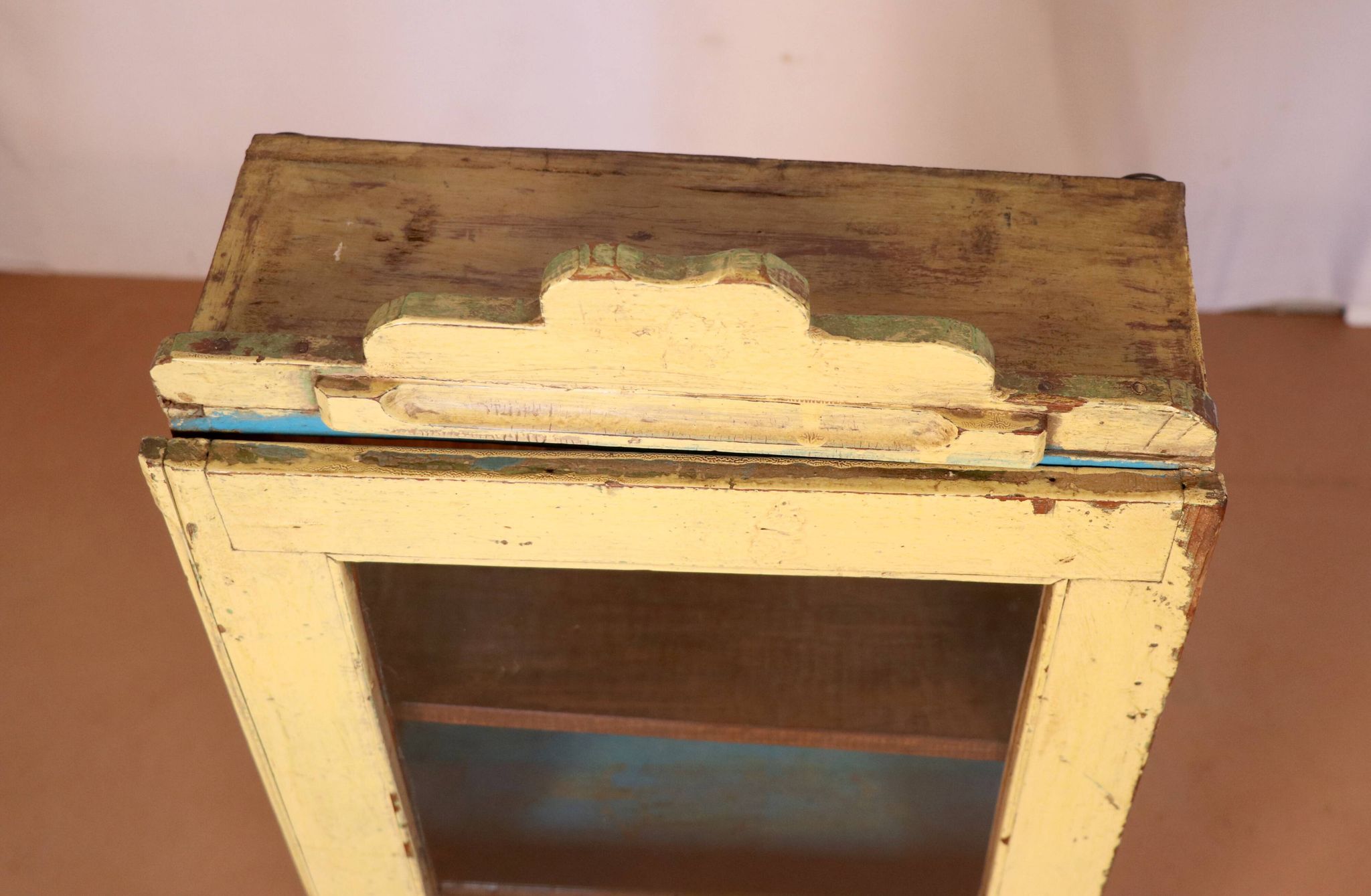old Art Deco wall showcase in original yellow teak