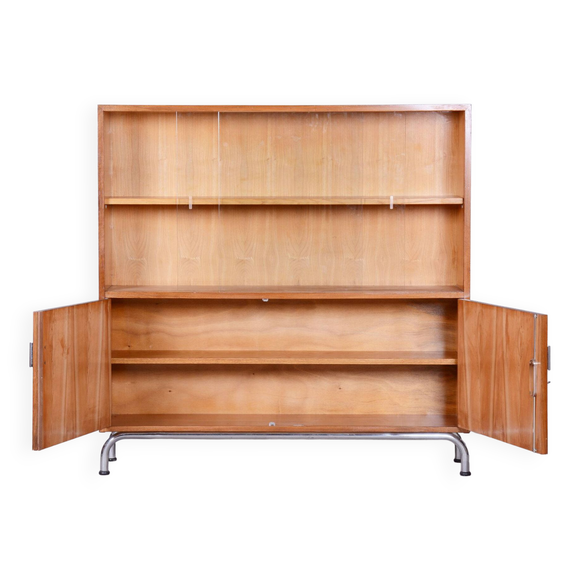 Restored Bauhaus Bookcase, Robert Slezák, Walnut and Chrome Plated Steel, 1930s
