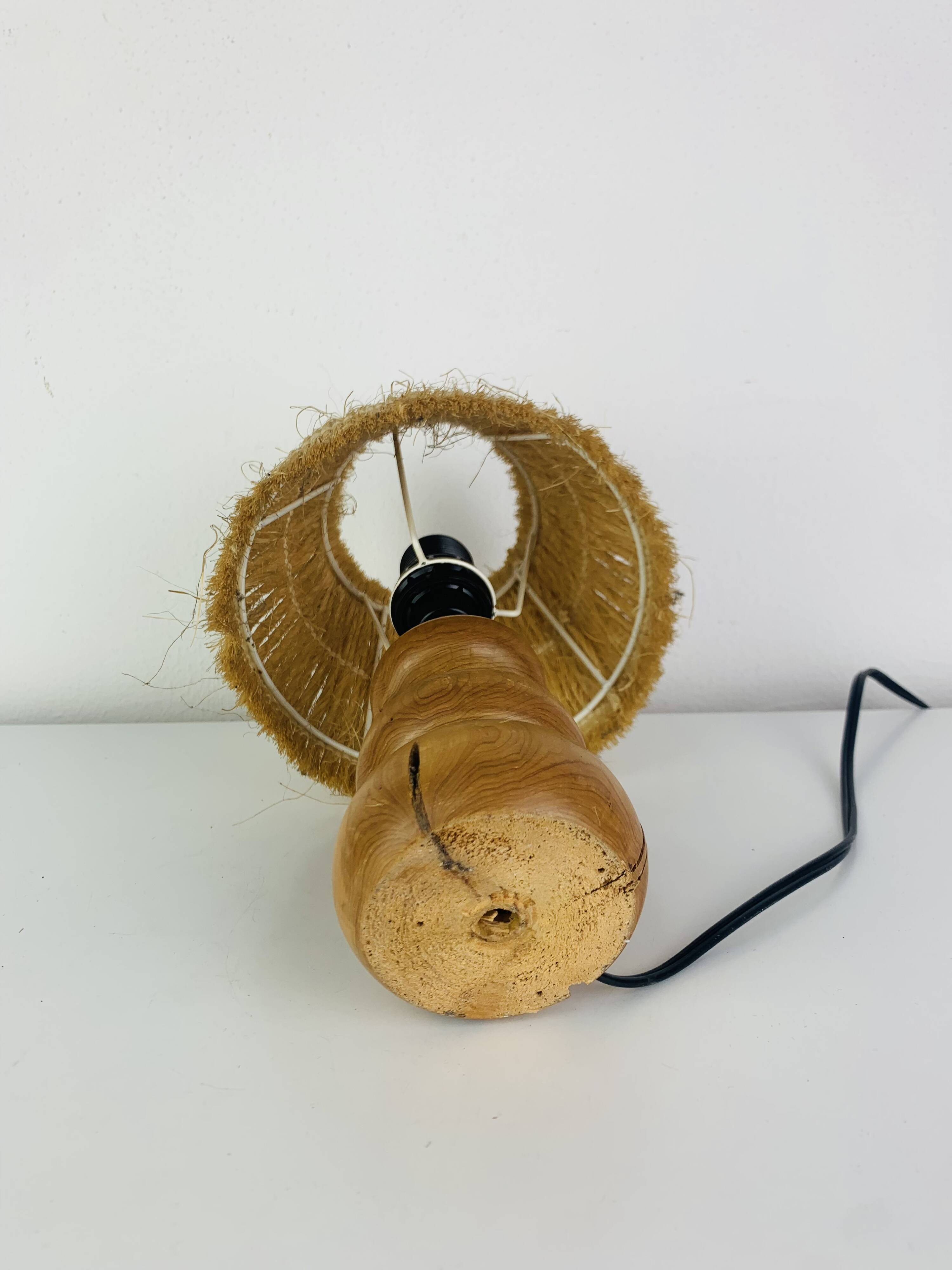Turned wood lamp with straw shade, 1960s, vintage
