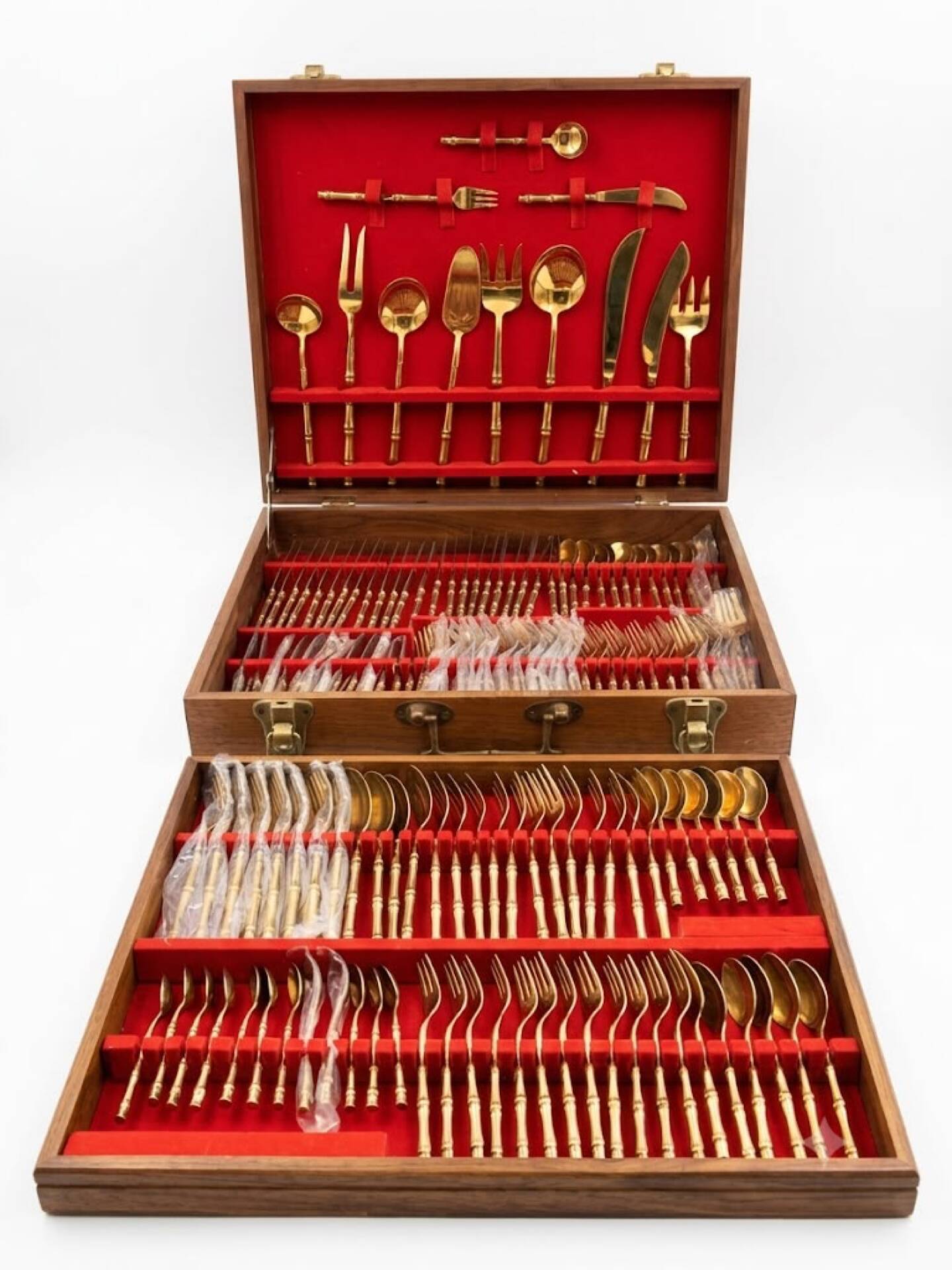 Ménagère complète Nickel Bronze doré Bambou coffret Vintage