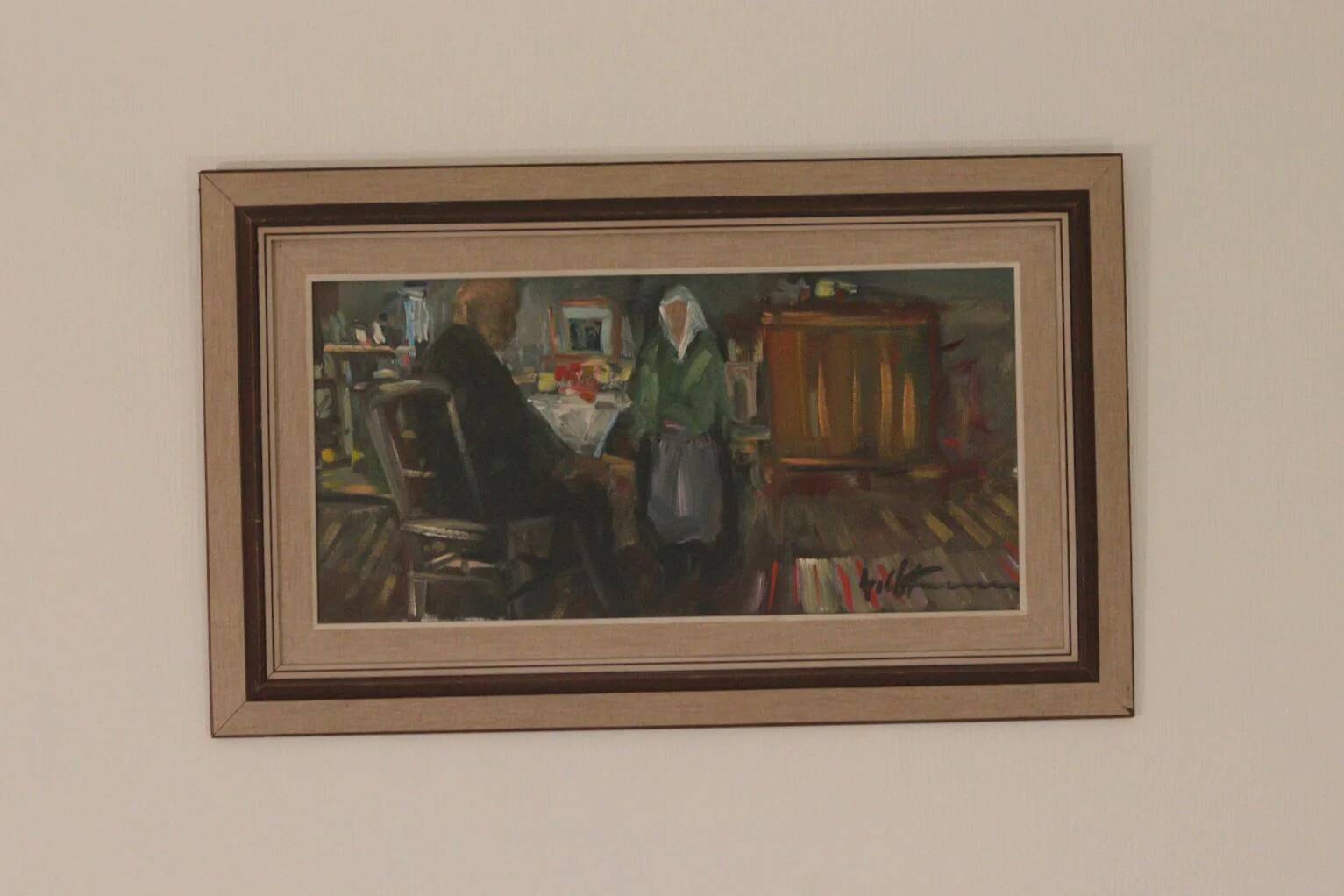 Huile sur toile suédoise originale – « Deux personnages à une table »