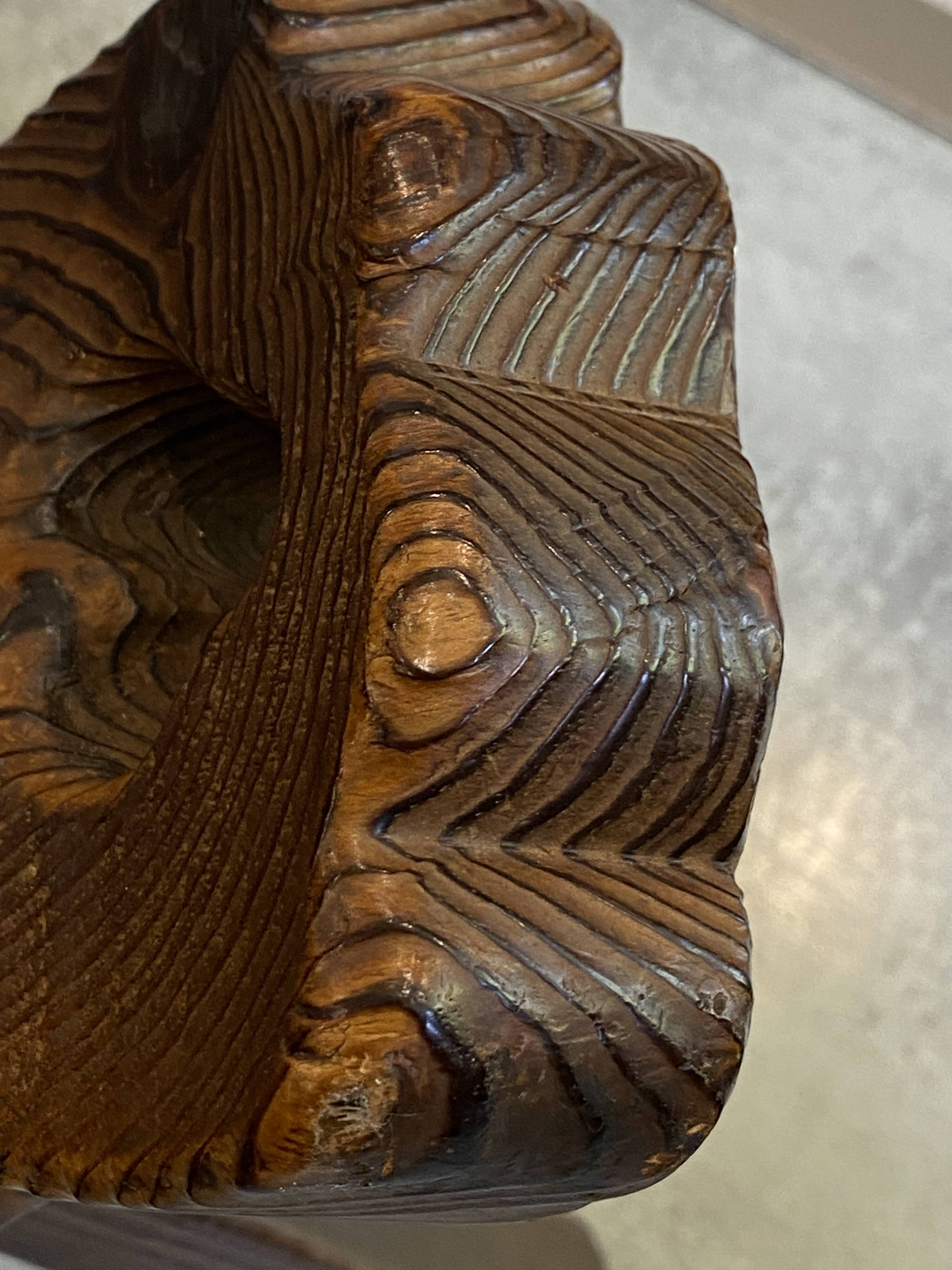 Brutalist tripod chair n1, carved solid wood, antique.