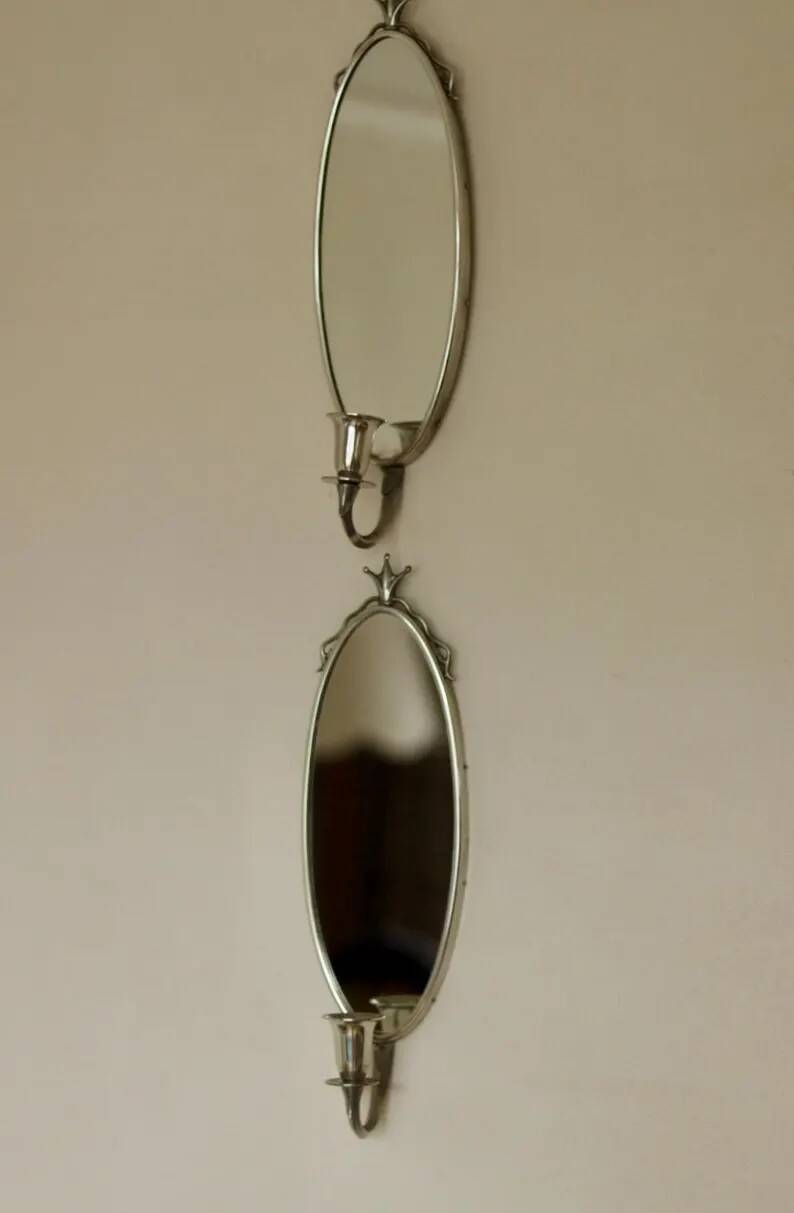 Pair of Mid Century Swedish Pewter Sconces with Mirror by Svenskt - Tenn