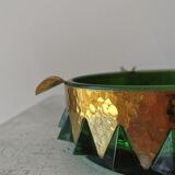 Cendrier en cristal vert et or vintage / Cendrier rond en verre de style mid-century modern