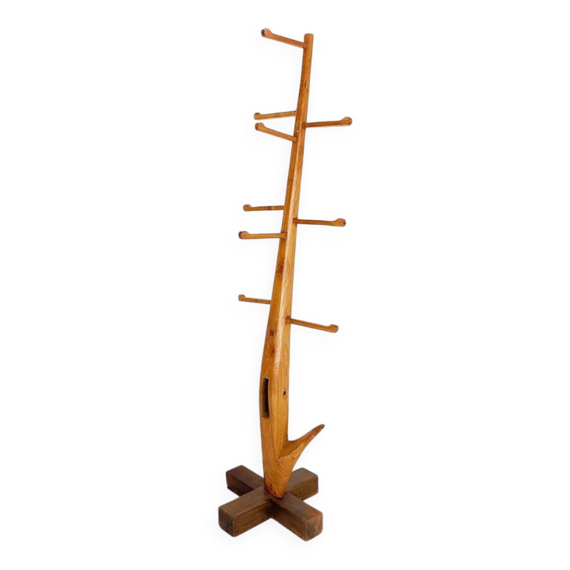 Vintage Brutalist wooden standing coat rack