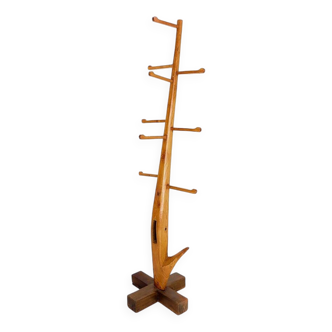 Vintage Brutalist wood standing coat rack