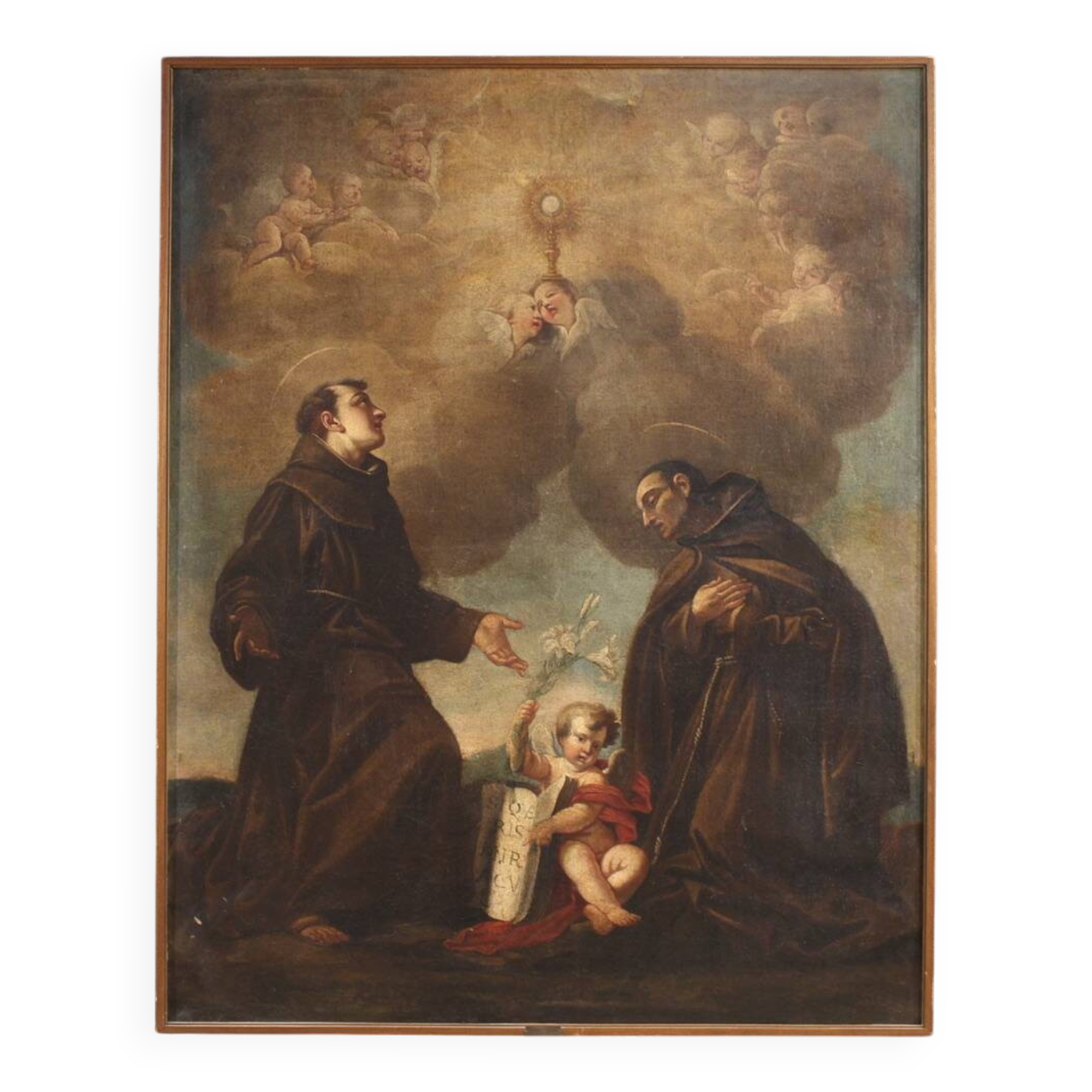 Antique Italian painting of adoration of friars with cherubs 17th century