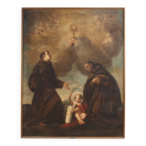 Antique Italian painting of adoration of friars with cherubs 17th century